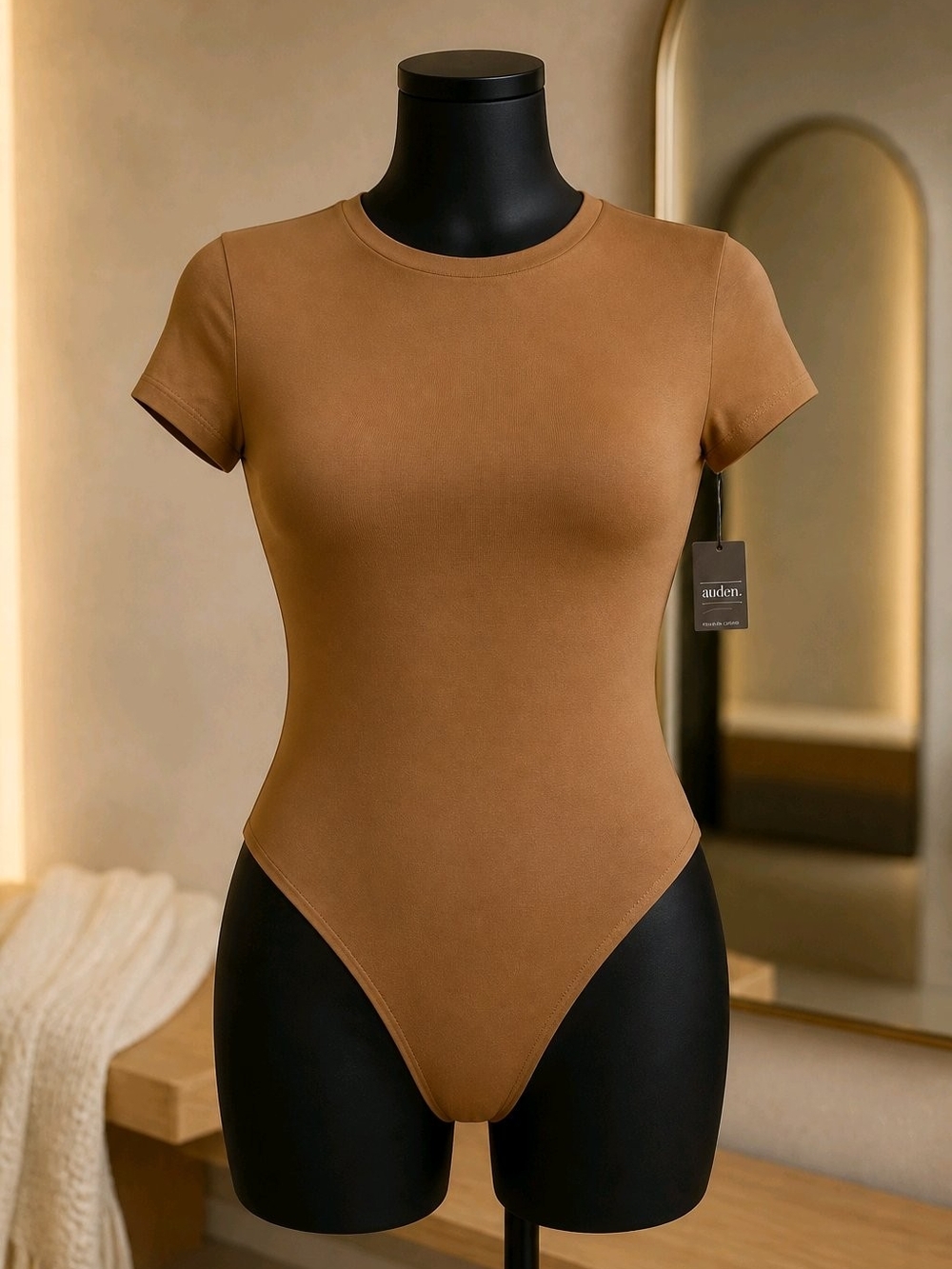 Auden Short Sleeve Bodysuit in Camel Brown